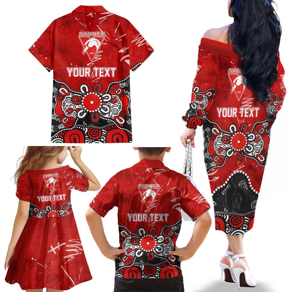 Personalized Sydney Swans Family Matching Off The Shoulder Long Sleeve Dress and Hawaiian Shirt Aboriginal Dot Painting Graffiti Style