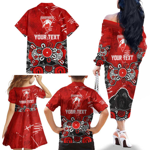 Personalized Sydney Swans Family Matching Off The Shoulder Long Sleeve Dress and Hawaiian Shirt Aboriginal Dot Painting Graffiti Style