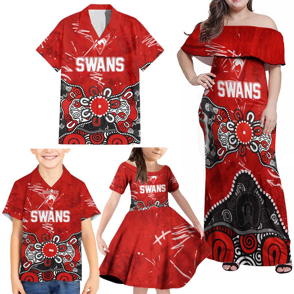 Personalized Sydney Swans Family Matching Off Shoulder Maxi Dress and Hawaiian Shirt Aboriginal Dot Painting Graffiti Style