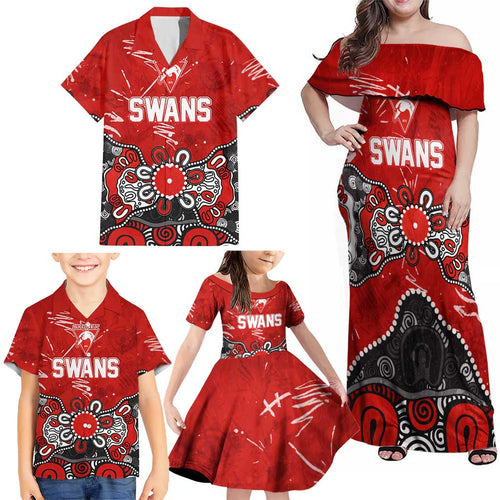Personalized Sydney Swans Family Matching Off Shoulder Maxi Dress and Hawaiian Shirt Aboriginal Dot Painting Graffiti Style