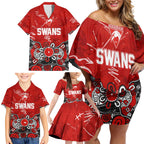 Personalized Sydney Swans Family Matching Off Shoulder Short Dress and Hawaiian Shirt Aboriginal Dot Painting Graffiti Style