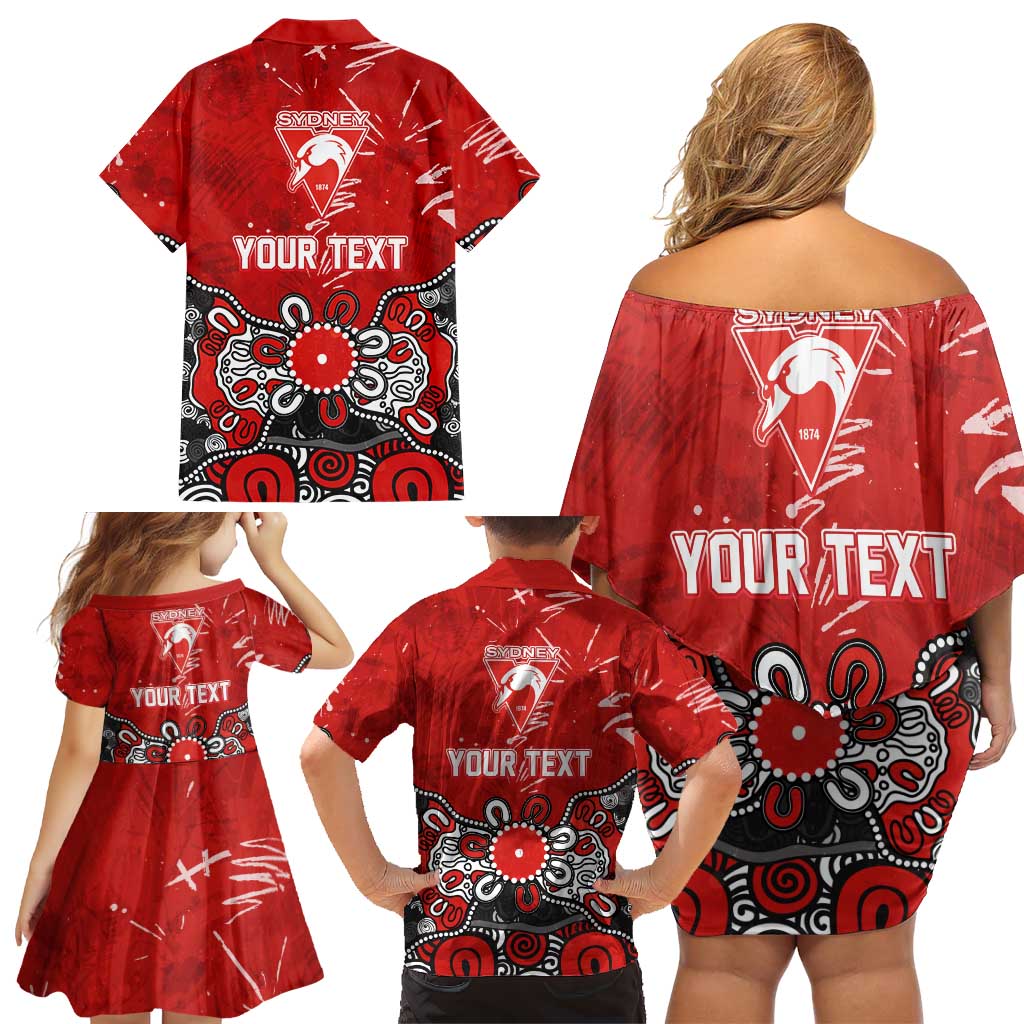 Personalized Sydney Swans Family Matching Off Shoulder Short Dress and Hawaiian Shirt Aboriginal Dot Painting Graffiti Style