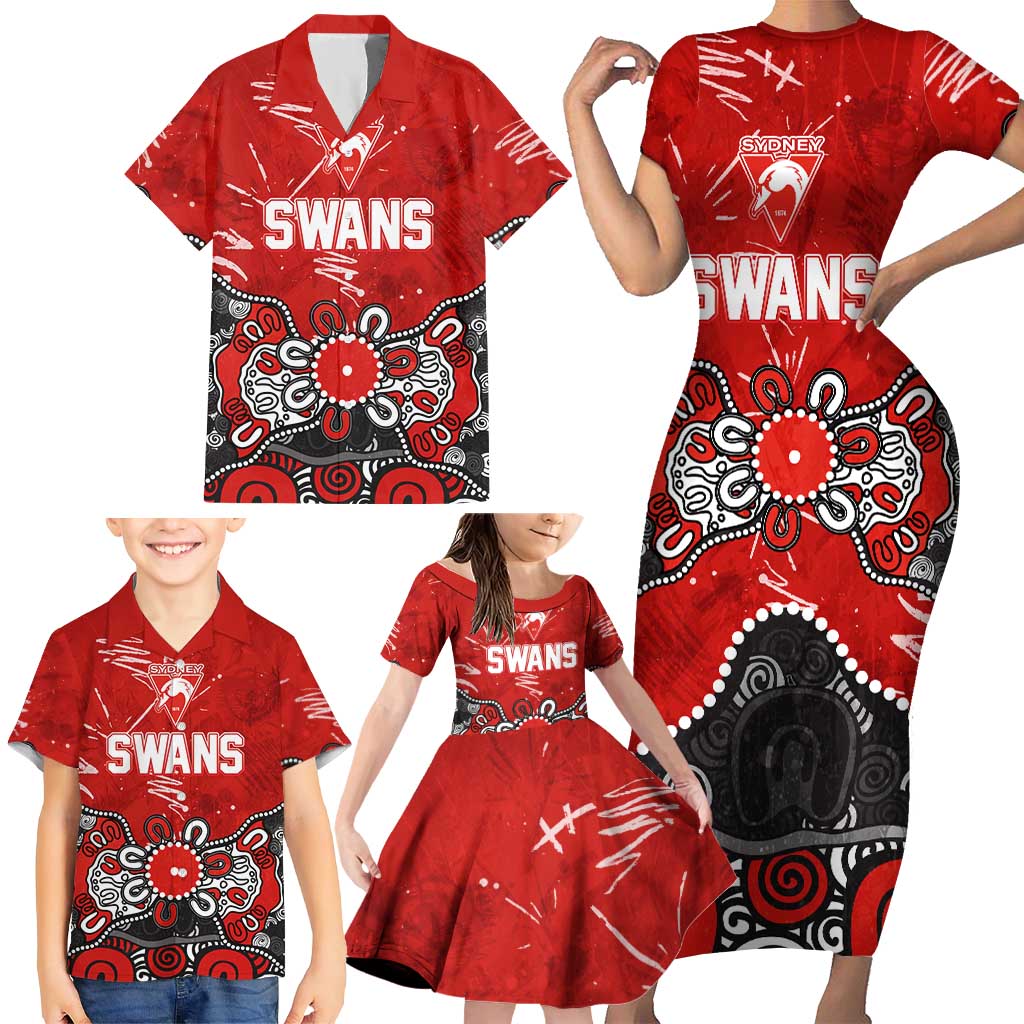 Personalized Sydney Swans Family Matching Short Sleeve Bodycon Dress and Hawaiian Shirt Aboriginal Dot Painting Graffiti Style