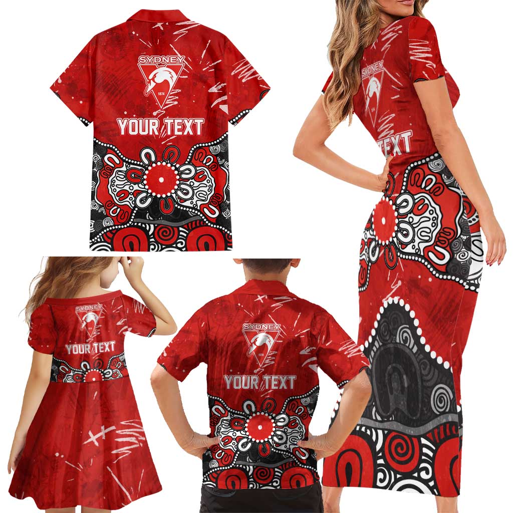 Personalized Sydney Swans Family Matching Short Sleeve Bodycon Dress and Hawaiian Shirt Aboriginal Dot Painting Graffiti Style