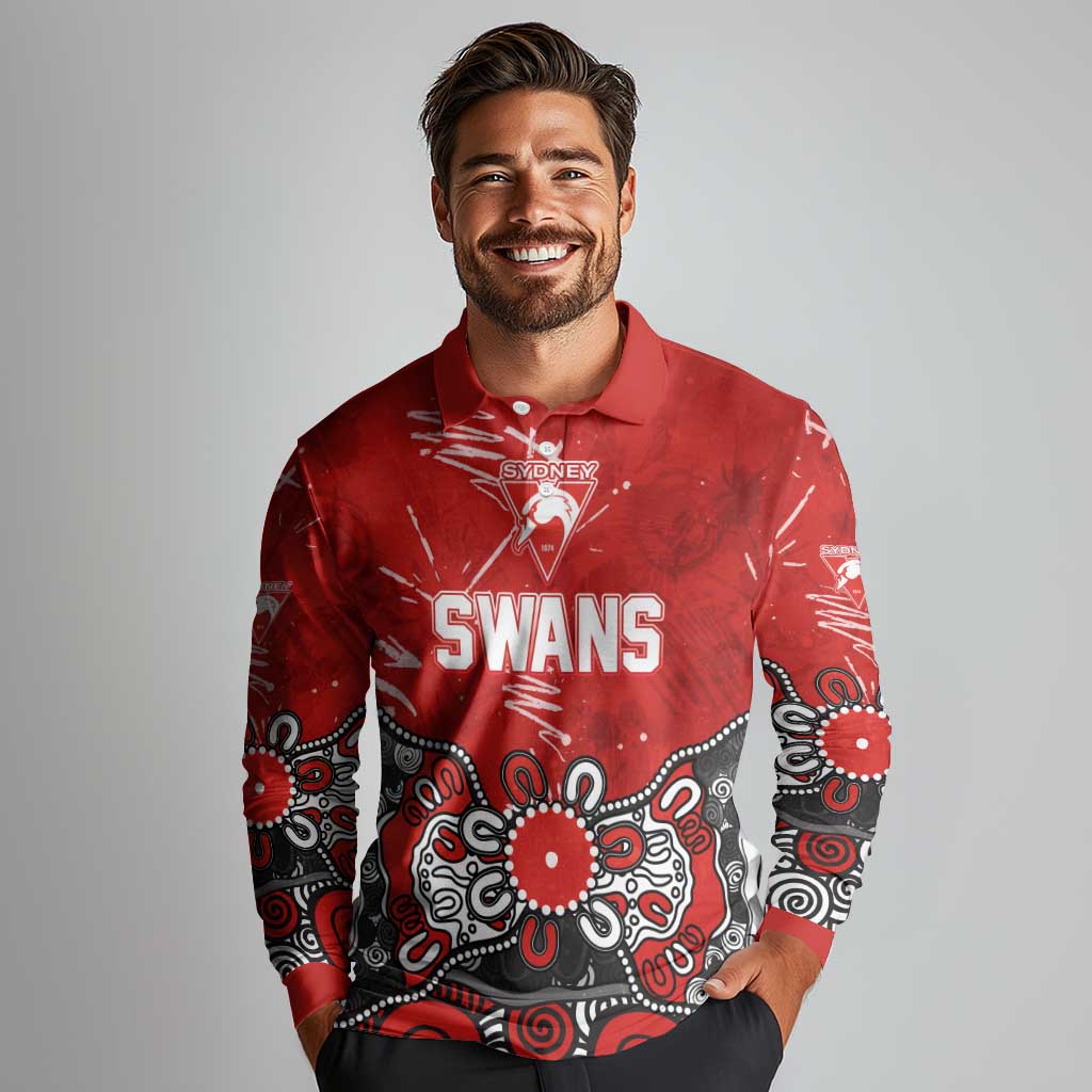 Personalized Sydney Swans Long Sleeve Polo Shirt Aboriginal Dot Painting Graffiti Style