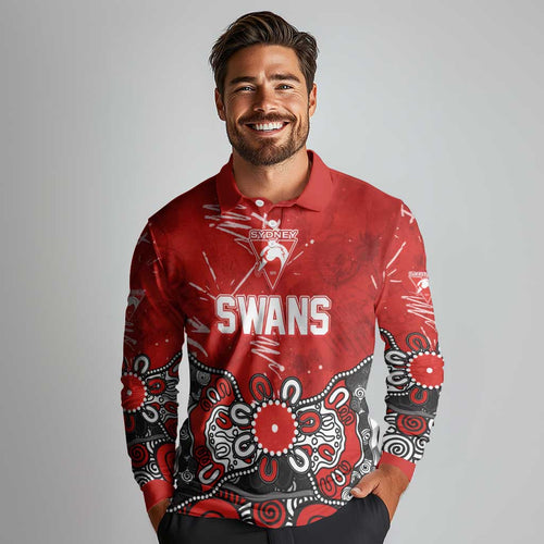Personalized Sydney Swans Long Sleeve Polo Shirt Aboriginal Dot Painting Graffiti Style