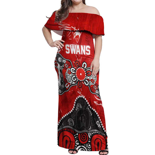 Personalized Sydney Swans Off Shoulder Maxi Dress Aboriginal Dot Painting Graffiti Style