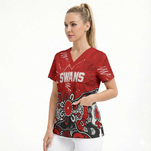 Personalized Sydney Swans Scrub Top Aboriginal Dot Painting Graffiti Style