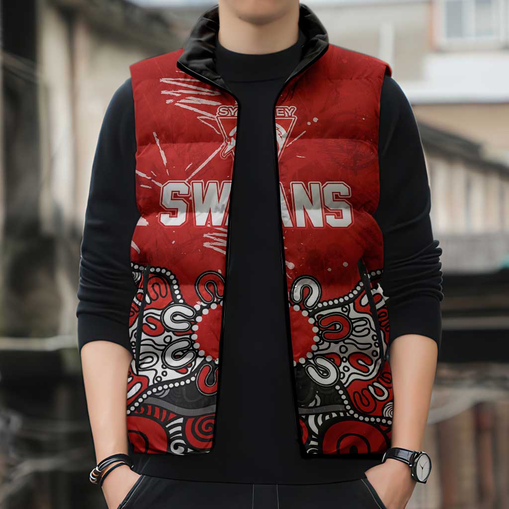 Personalized Sydney Swans Sleeveless Puffer Jacket Aboriginal Dot Painting Graffiti Style
