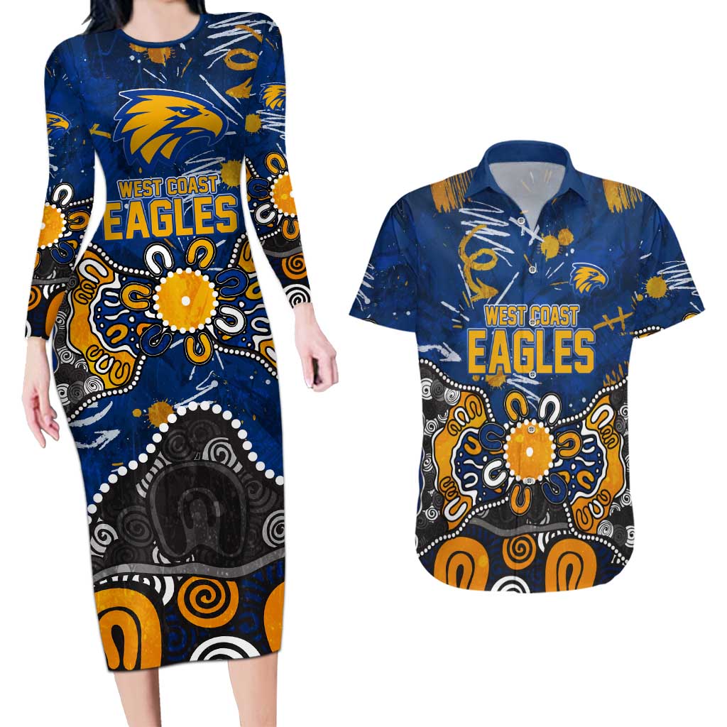 Personalized West Coast Eagles Couples Matching Long Sleeve Bodycon Dress and Hawaiian Shirt Aboriginal Dot Painting Graffiti Style