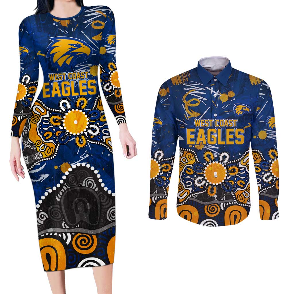 Personalized West Coast Eagles Couples Matching Long Sleeve Bodycon Dress and Long Sleeve Button Shirt Aboriginal Dot Painting Graffiti Style