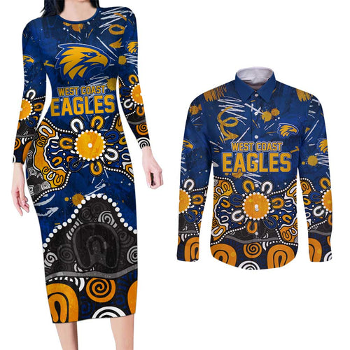 Personalized West Coast Eagles Couples Matching Long Sleeve Bodycon Dress and Long Sleeve Button Shirt Aboriginal Dot Painting Graffiti Style