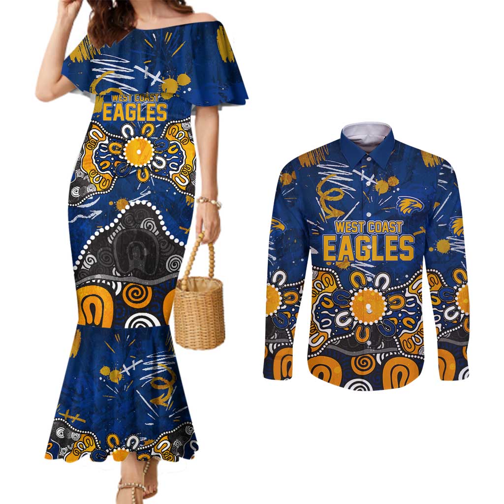 Personalized West Coast Eagles Couples Matching Mermaid Dress and Long Sleeve Button Shirt Aboriginal Dot Painting Graffiti Style