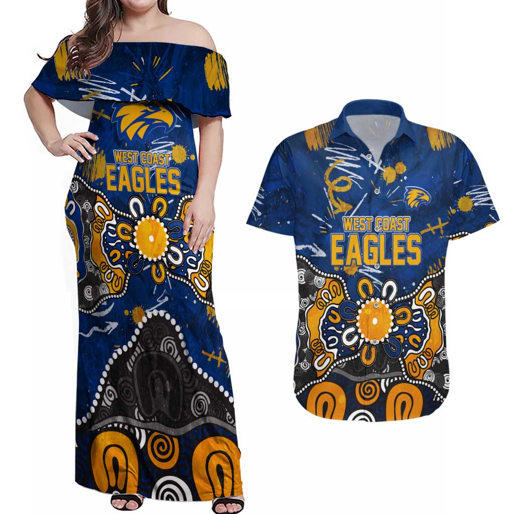 Personalized West Coast Eagles Couples Matching Off Shoulder Maxi Dress and Hawaiian Shirt Aboriginal Dot Painting Graffiti Style