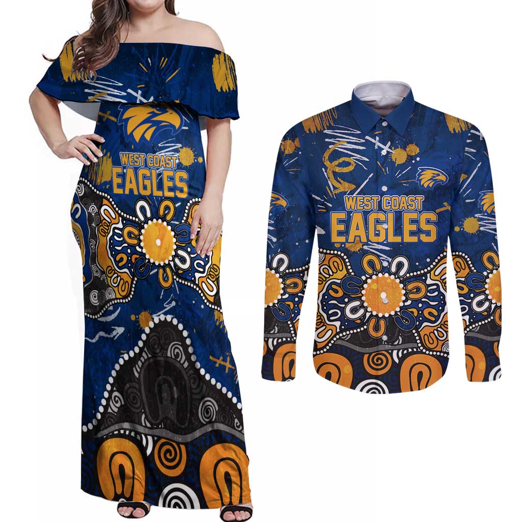 Personalized West Coast Eagles Couples Matching Off Shoulder Maxi Dress and Long Sleeve Button Shirt Aboriginal Dot Painting Graffiti Style