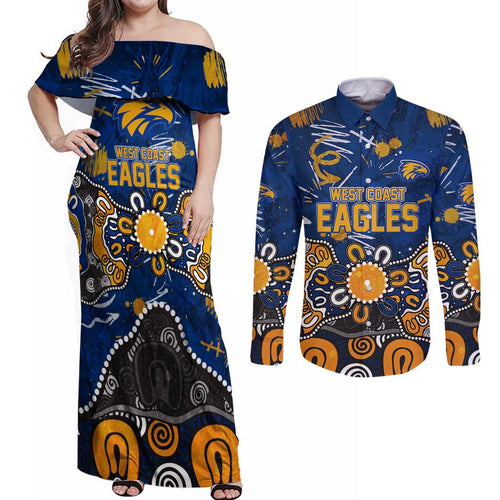 Personalized West Coast Eagles Couples Matching Off Shoulder Maxi Dress and Long Sleeve Button Shirt Aboriginal Dot Painting Graffiti Style
