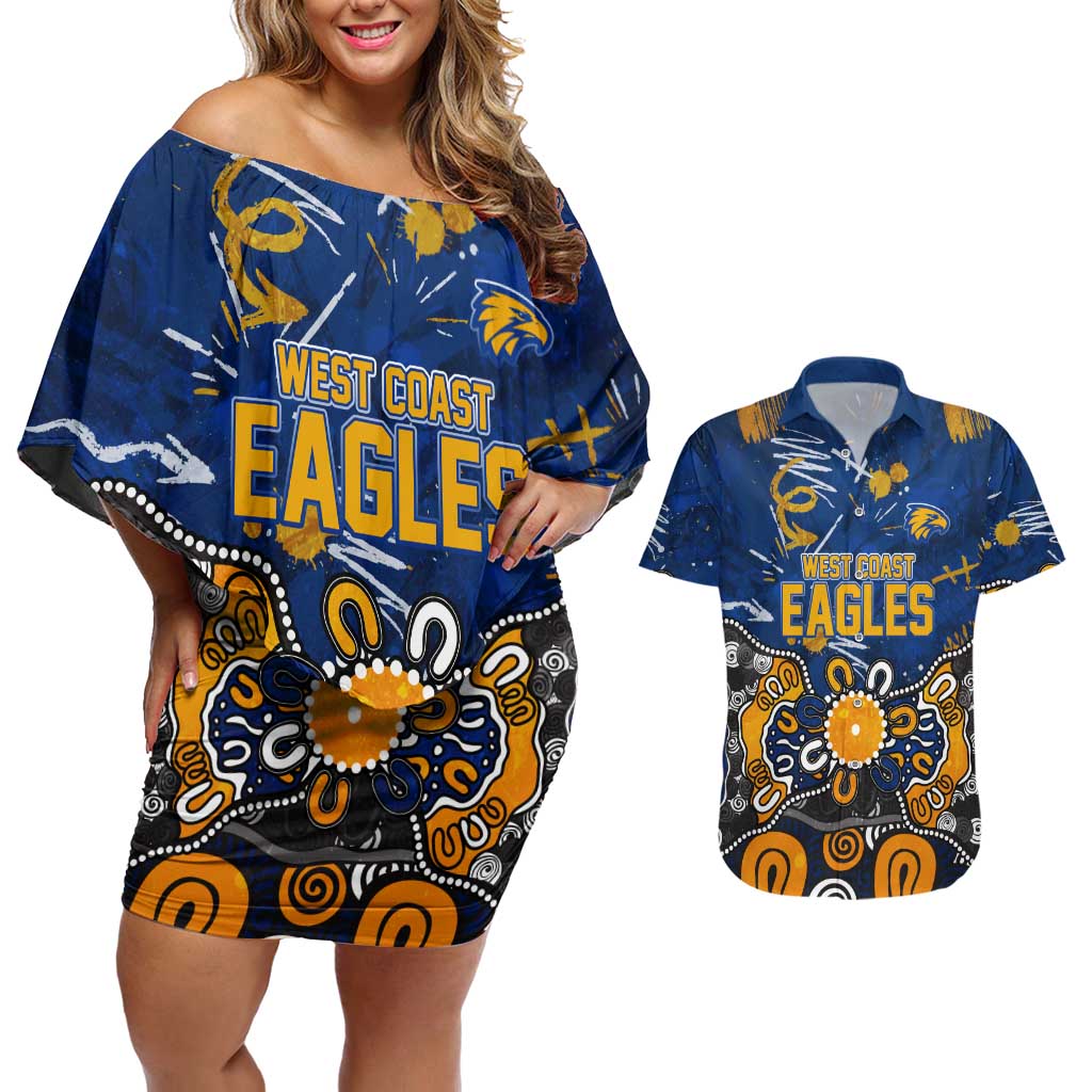 Personalized West Coast Eagles Couples Matching Off Shoulder Short Dress and Hawaiian Shirt Aboriginal Dot Painting Graffiti Style