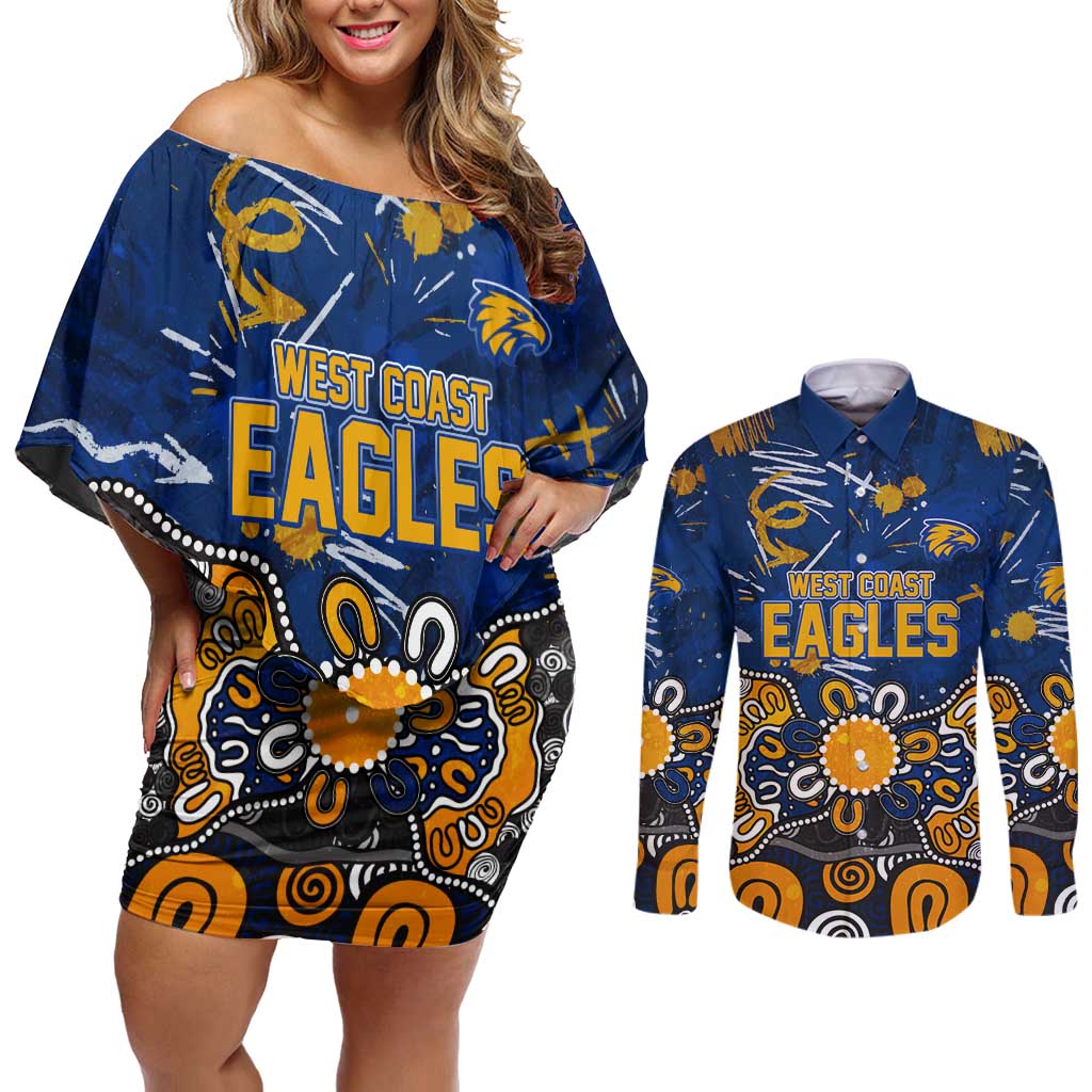 Personalized West Coast Eagles Couples Matching Off Shoulder Short Dress and Long Sleeve Button Shirt Aboriginal Dot Painting Graffiti Style