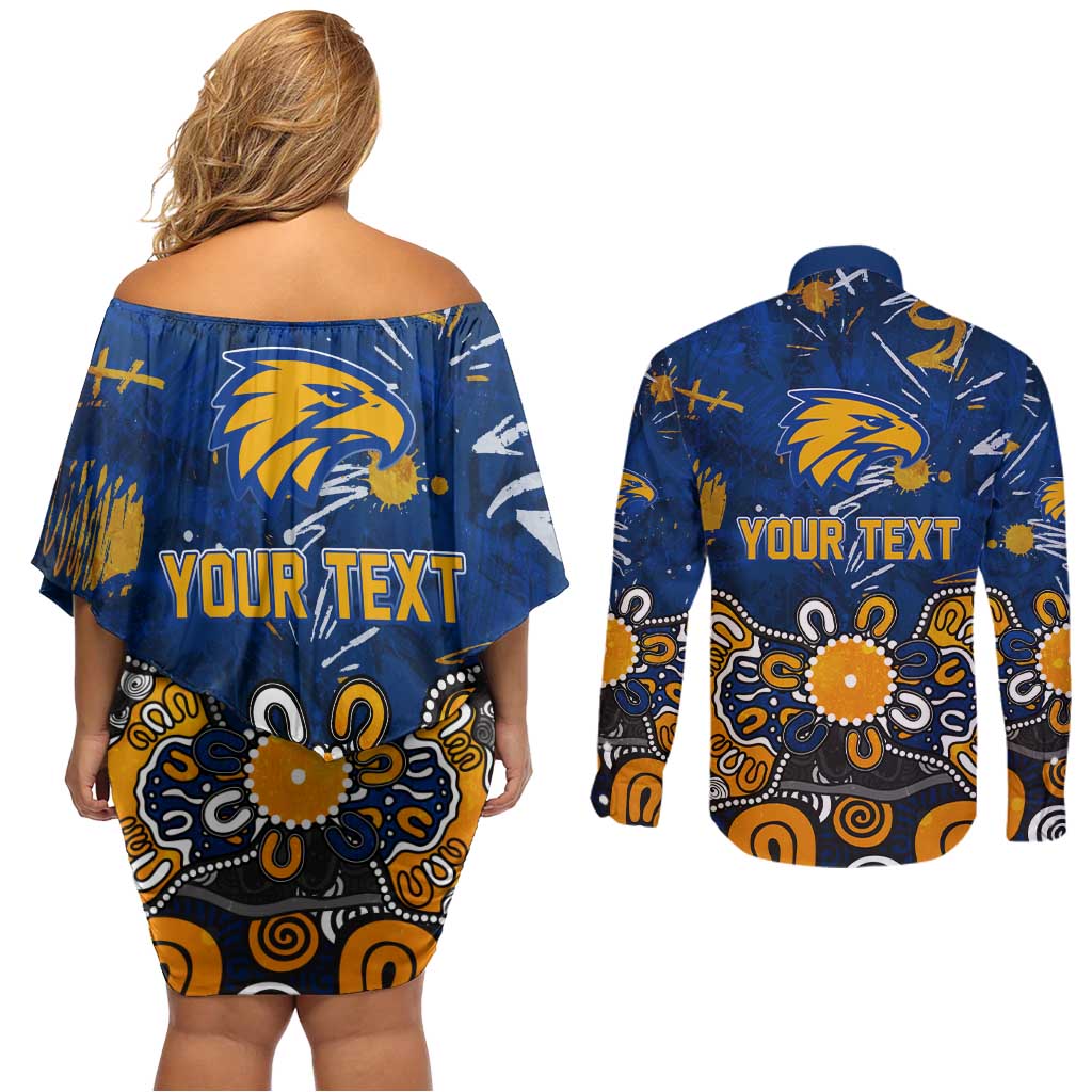 Personalized West Coast Eagles Couples Matching Off Shoulder Short Dress and Long Sleeve Button Shirt Aboriginal Dot Painting Graffiti Style