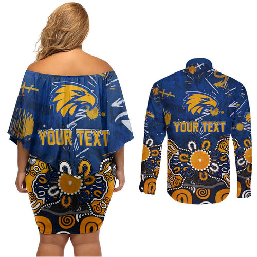 Personalized West Coast Eagles Couples Matching Off Shoulder Short Dress and Long Sleeve Button Shirt Aboriginal Dot Painting Graffiti Style