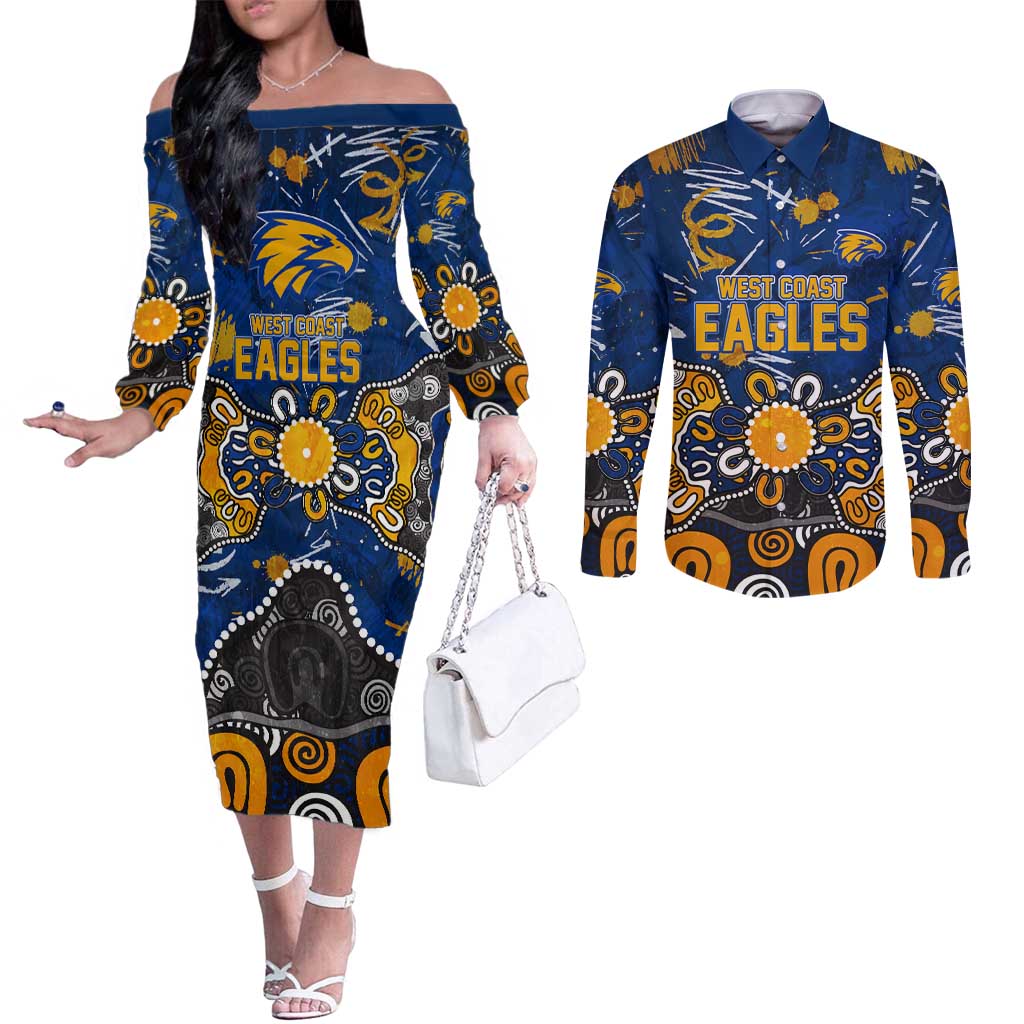 Personalized West Coast Eagles Couples Matching Off The Shoulder Long Sleeve Dress and Long Sleeve Button Shirt Aboriginal Dot Painting Graffiti Style