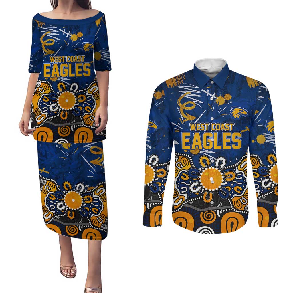 Personalized West Coast Eagles Couples Matching Puletasi and Long Sleeve Button Shirt Aboriginal Dot Painting Graffiti Style