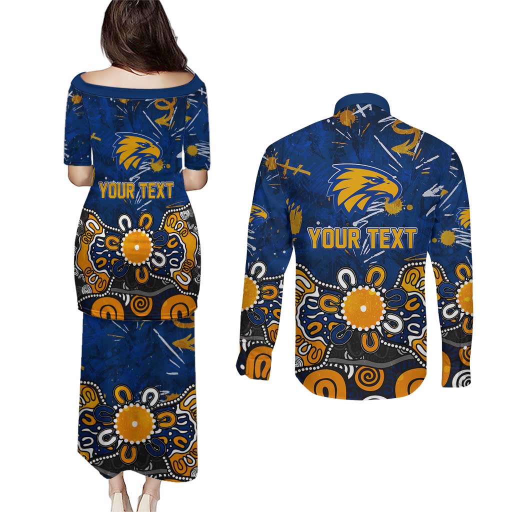 Personalized West Coast Eagles Couples Matching Puletasi and Long Sleeve Button Shirt Aboriginal Dot Painting Graffiti Style