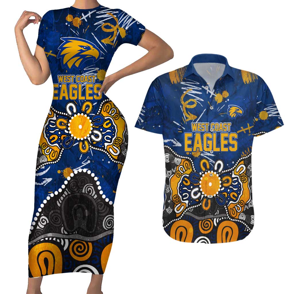Personalized West Coast Eagles Couples Matching Short Sleeve Bodycon Dress and Hawaiian Shirt Aboriginal Dot Painting Graffiti Style