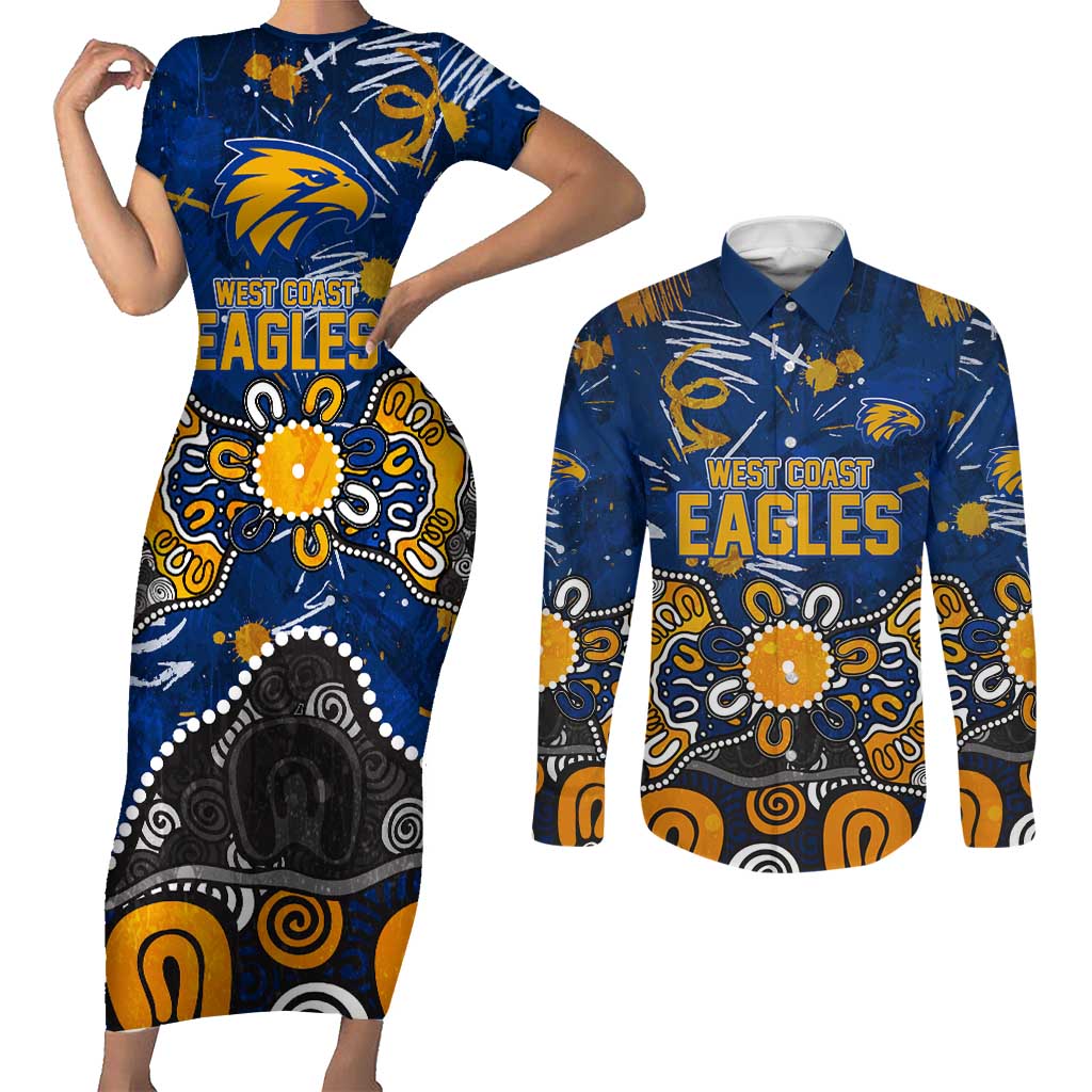 Personalized West Coast Eagles Couples Matching Short Sleeve Bodycon Dress and Long Sleeve Button Shirt Aboriginal Dot Painting Graffiti Style