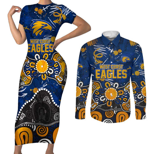 Personalized West Coast Eagles Couples Matching Short Sleeve Bodycon Dress and Long Sleeve Button Shirt Aboriginal Dot Painting Graffiti Style