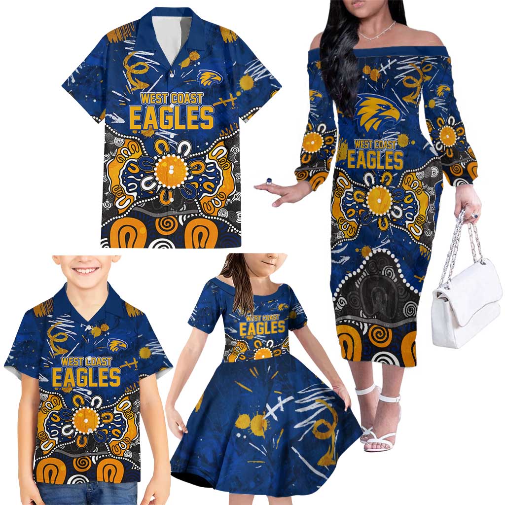 Personalized West Coast Eagles Family Matching Off The Shoulder Long Sleeve Dress and Hawaiian Shirt Aboriginal Dot Painting Graffiti Style