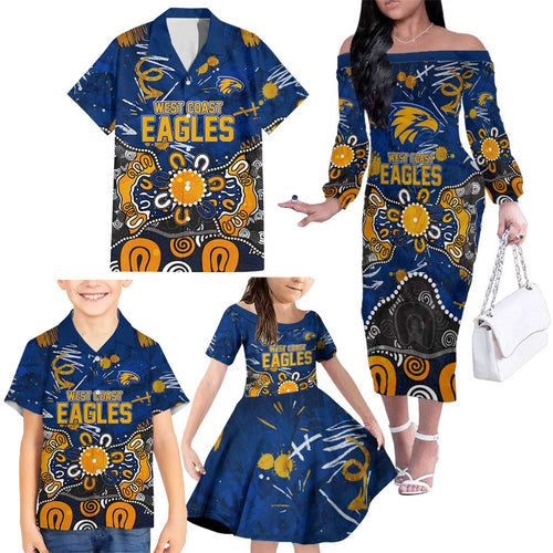 Personalized West Coast Eagles Family Matching Off The Shoulder Long Sleeve Dress and Hawaiian Shirt Aboriginal Dot Painting Graffiti Style