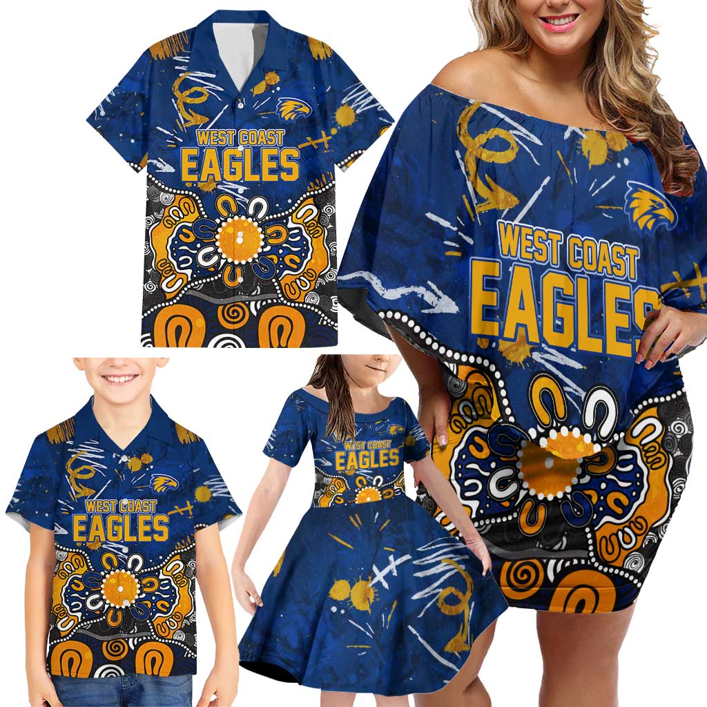 Personalized West Coast Eagles Family Matching Off Shoulder Short Dress and Hawaiian Shirt Aboriginal Dot Painting Graffiti Style