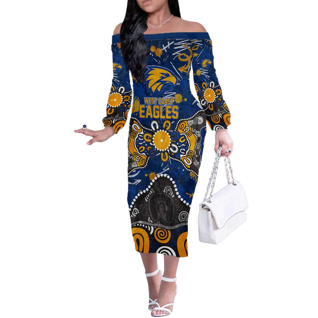 Personalized West Coast Eagles Off The Shoulder Long Sleeve Dress Aboriginal Dot Painting Graffiti Style