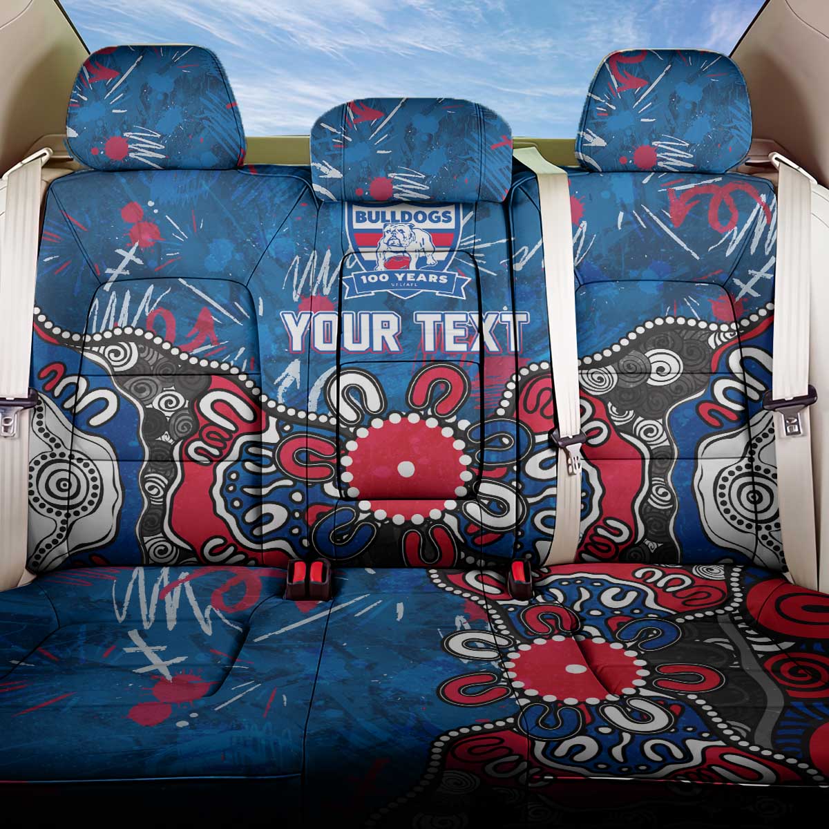 Personalized Western Bulldogs 100 Years Anniversary Back Car Seat Cover Aboriginal Dot Painting Graffiti Style