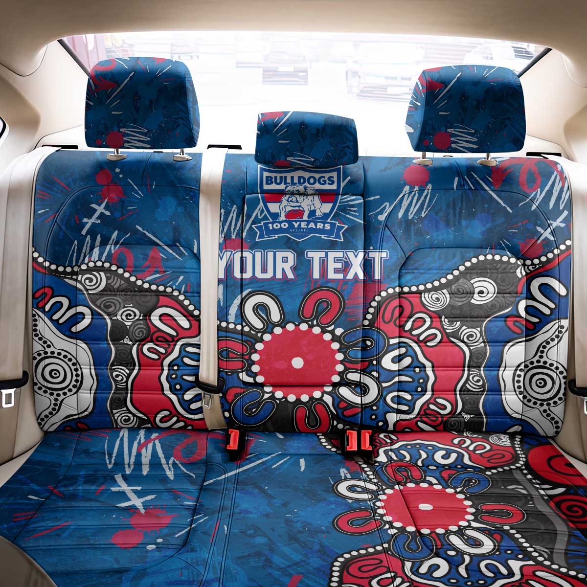 Personalized Western Bulldogs 100 Years Anniversary Back Car Seat Cover Aboriginal Dot Painting Graffiti Style
