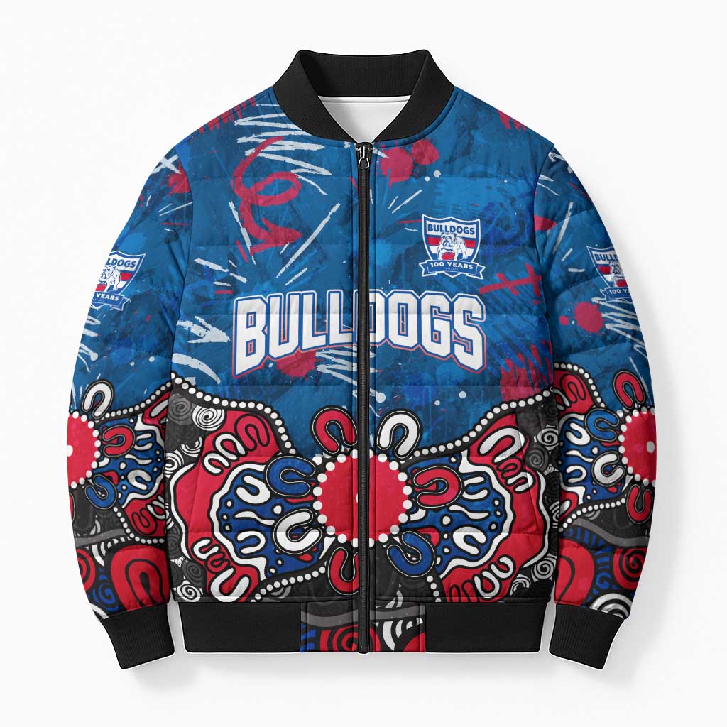 Personalized Western Bulldogs 100 Years Anniversary Bomber Puffer Jacket Aboriginal Dot Painting Graffiti Style
