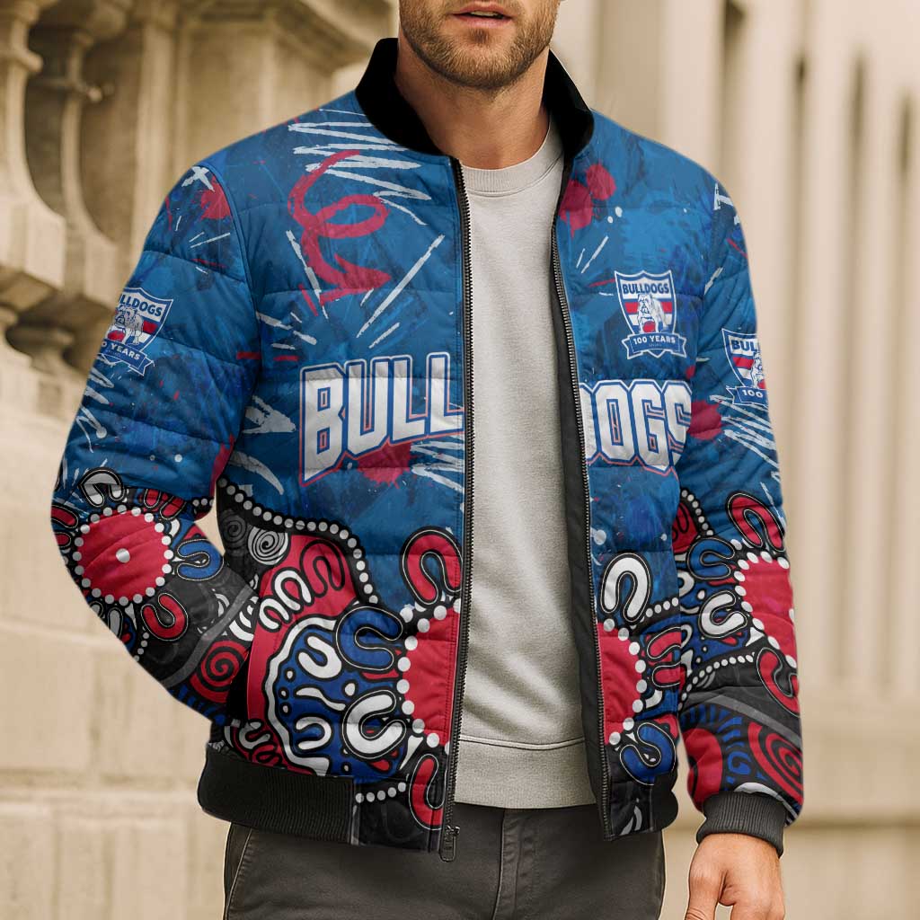 Personalized Western Bulldogs 100 Years Anniversary Bomber Puffer Jacket Aboriginal Dot Painting Graffiti Style