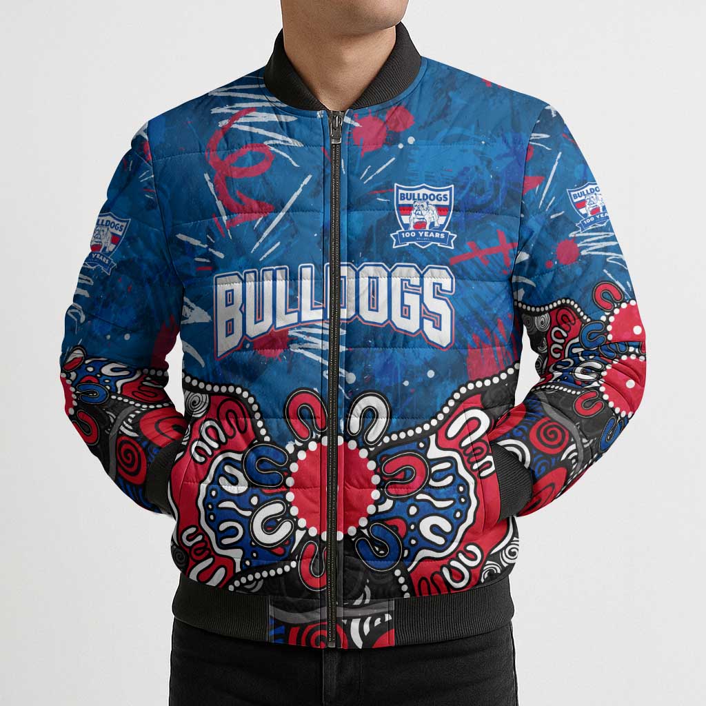 Personalized Western Bulldogs 100 Years Anniversary Bomber Puffer Jacket Aboriginal Dot Painting Graffiti Style
