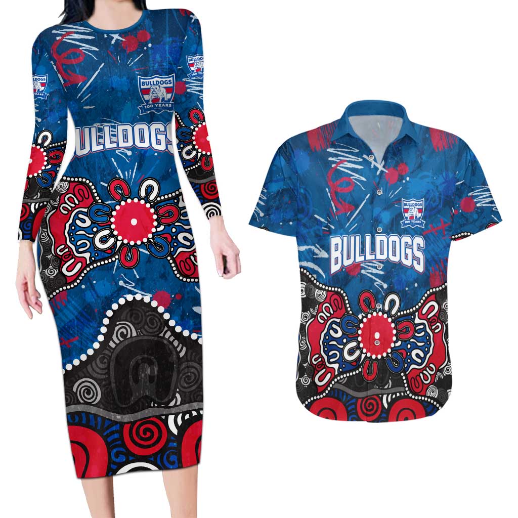 Personalized Western Bulldogs 100 Years Anniversary Couples Matching Long Sleeve Bodycon Dress and Hawaiian Shirt Aboriginal Dot Painting Graffiti Style