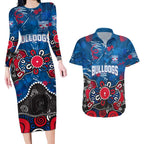 Personalized Western Bulldogs 100 Years Anniversary Couples Matching Long Sleeve Bodycon Dress and Hawaiian Shirt Aboriginal Dot Painting Graffiti Style