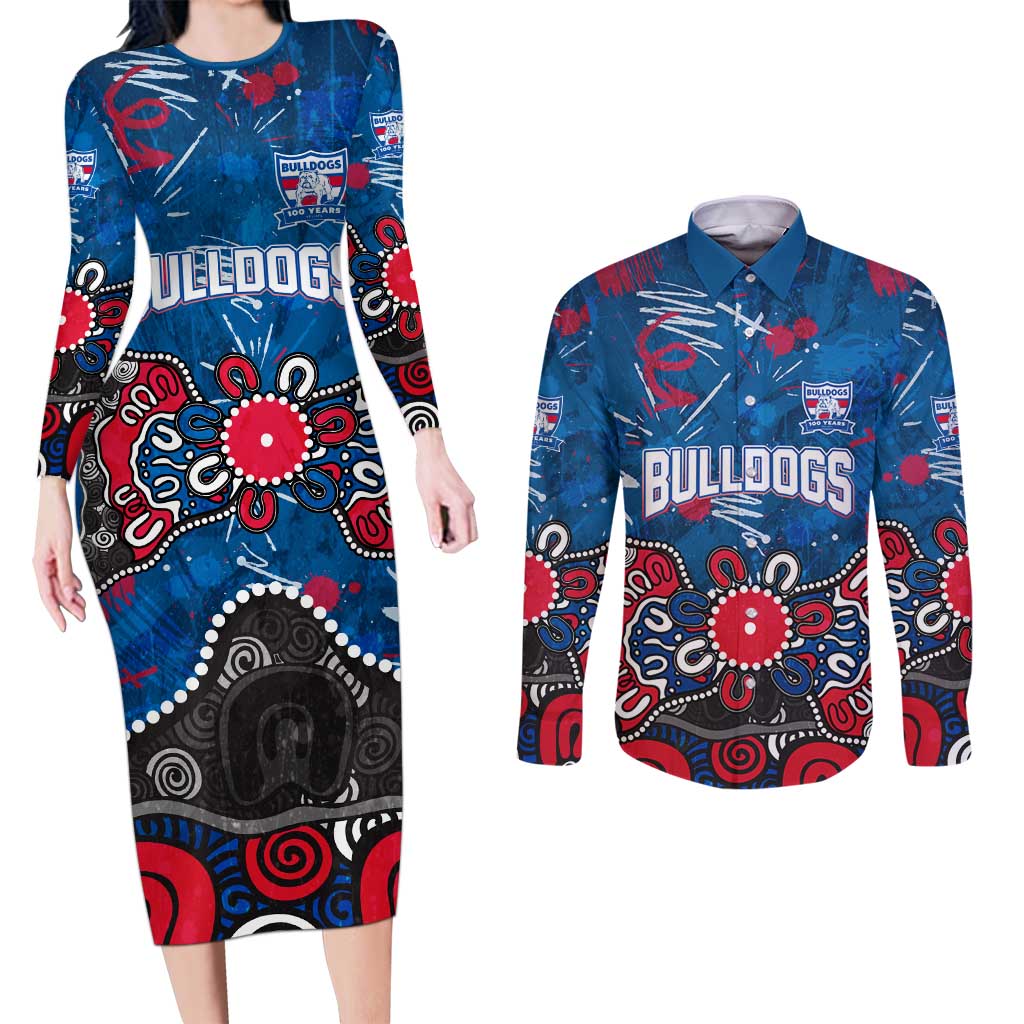Personalized Western Bulldogs 100 Years Anniversary Couples Matching Long Sleeve Bodycon Dress and Long Sleeve Button Shirt Aboriginal Dot Painting Graffiti Style