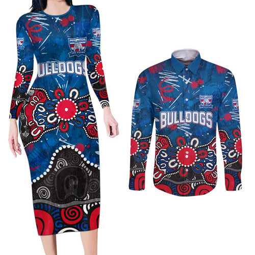 Personalized Western Bulldogs 100 Years Anniversary Couples Matching Long Sleeve Bodycon Dress and Long Sleeve Button Shirt Aboriginal Dot Painting Graffiti Style