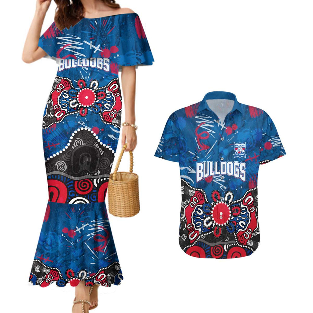 Personalized Western Bulldogs 100 Years Anniversary Couples Matching Mermaid Dress and Hawaiian Shirt Aboriginal Dot Painting Graffiti Style