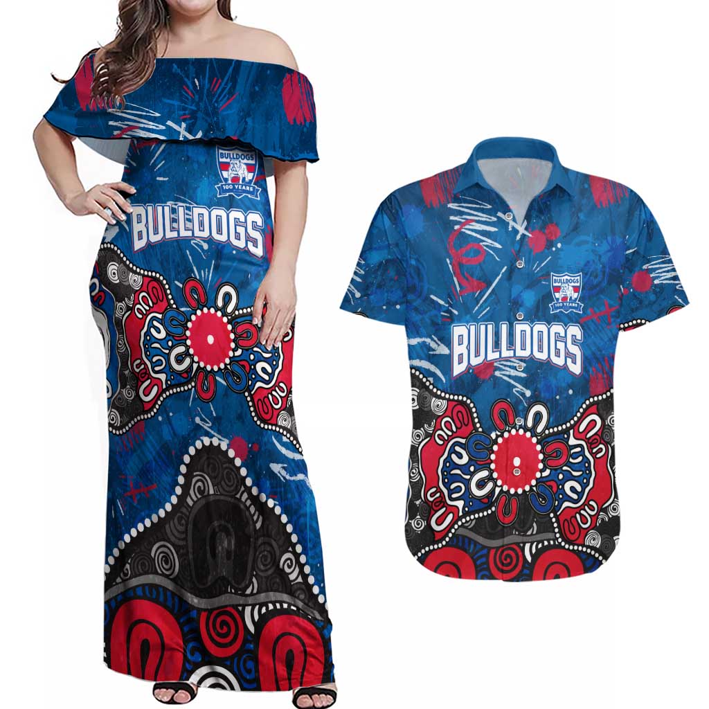 Personalized Western Bulldogs 100 Years Anniversary Couples Matching Off Shoulder Maxi Dress and Hawaiian Shirt Aboriginal Dot Painting Graffiti Style