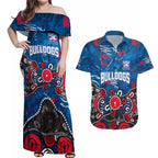 Personalized Western Bulldogs 100 Years Anniversary Couples Matching Off Shoulder Maxi Dress and Hawaiian Shirt Aboriginal Dot Painting Graffiti Style