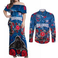 Personalized Western Bulldogs 100 Years Anniversary Couples Matching Off Shoulder Maxi Dress and Long Sleeve Button Shirt Aboriginal Dot Painting Graffiti Style