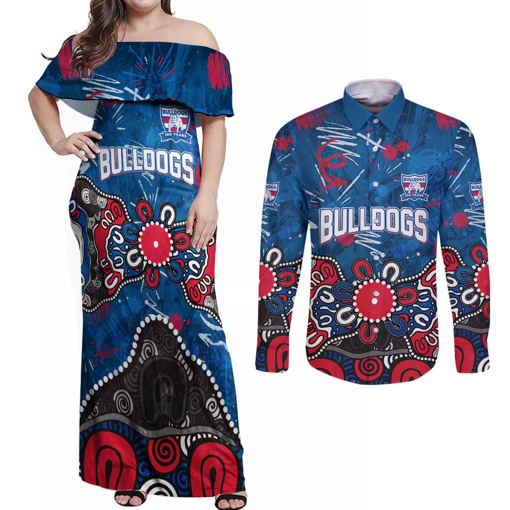 Personalized Western Bulldogs 100 Years Anniversary Couples Matching Off Shoulder Maxi Dress and Long Sleeve Button Shirt Aboriginal Dot Painting Graffiti Style