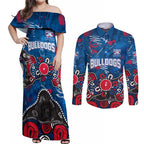 Personalized Western Bulldogs 100 Years Anniversary Couples Matching Off Shoulder Maxi Dress and Long Sleeve Button Shirt Aboriginal Dot Painting Graffiti Style