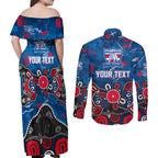 Personalized Western Bulldogs 100 Years Anniversary Couples Matching Off Shoulder Maxi Dress and Long Sleeve Button Shirt Aboriginal Dot Painting Graffiti Style